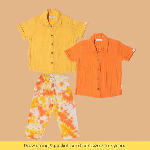 Cotton Collar Shirt with Pant | Orange & Yellow | Set of 3