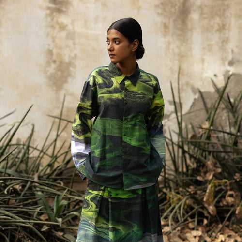 Upcycled Cotton Oversized Shirt for Women | Green | Full Sleeves