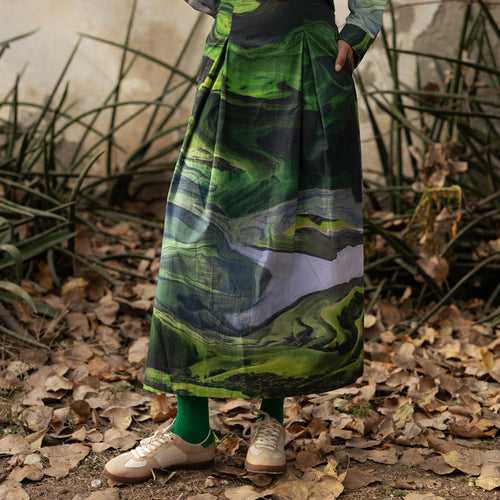 Upcycled Cotton Long Pleated Skirt | Green