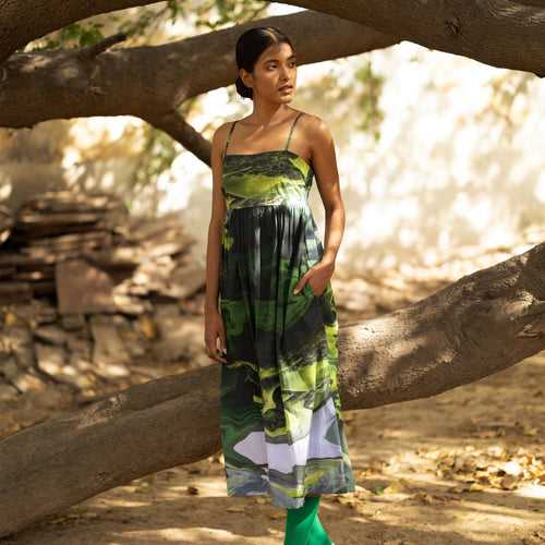 Upcycled Cotton Printed Midi Dress | Green | Adjustable Straps