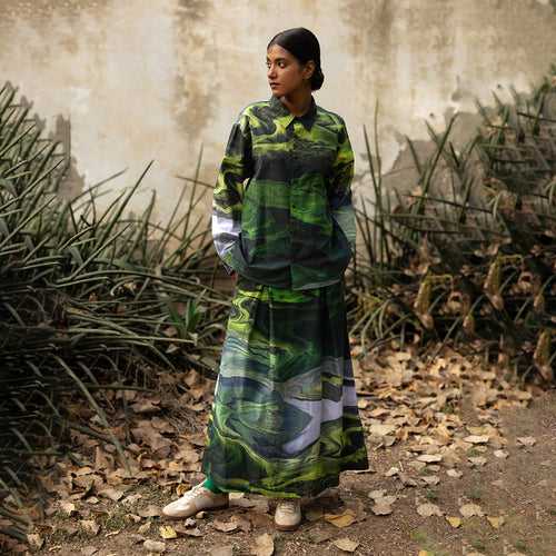 Upcycled Cotton Printed Co Ord Set | Green | Skirt & Shirt