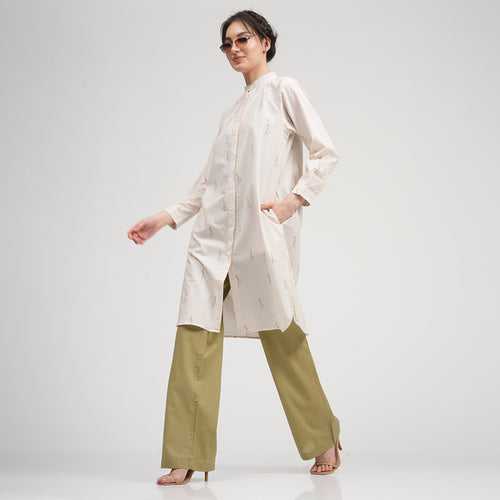 Cotton Linen Long Shirt & Pants | Block Printed | Cream & Sage Green