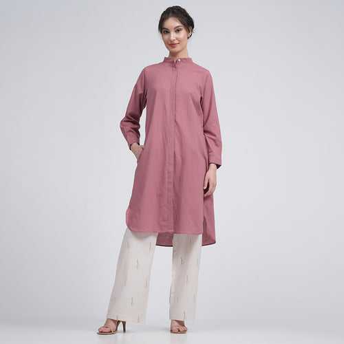 Cotton Linen Co Ord Set for Women | Pink & Cream | Long Shirt & Pants