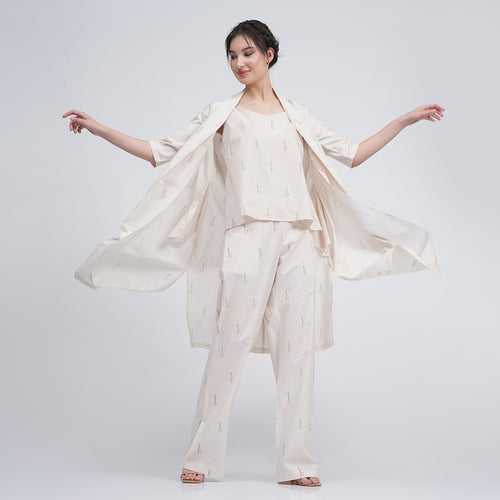 Cotton Linen Co Ord Set for Women | Cream | Block Printed | Set of 3