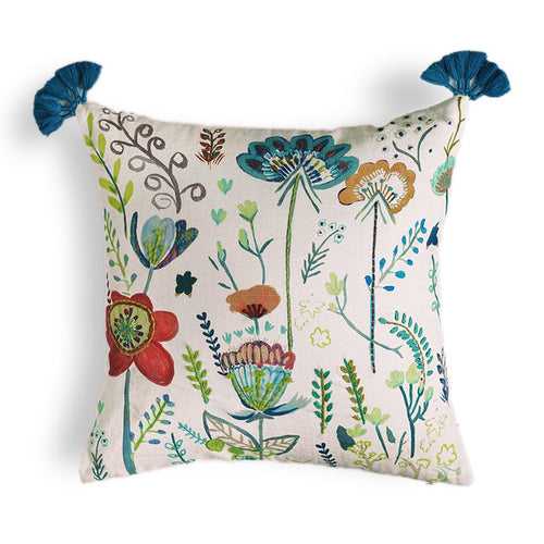 Cotton Cushion Cover | Gardenscape | Turquoise | 16 x 16 Inches