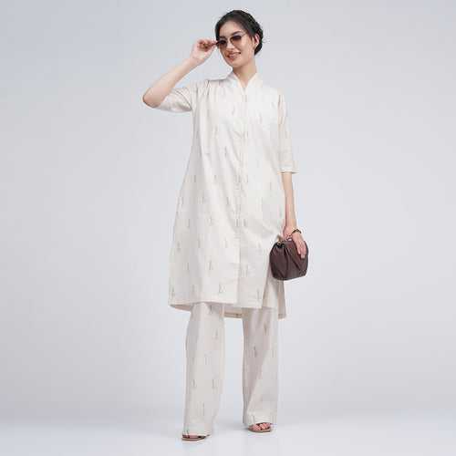 Cotton Linen Long Shirt & Pants for Women | Cream | Block Printed