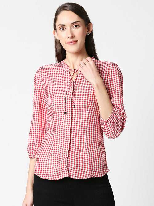 Women Gingham Checked With Tie-Up Neckline Top