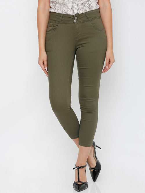 Women Olive Mid-Rise Skinny Crop Length Jeans