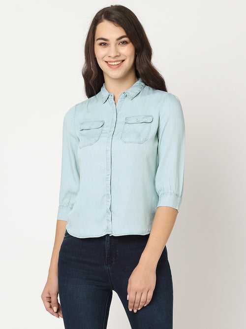 Women Slim Fit Light Blue Solid Denim Shirt