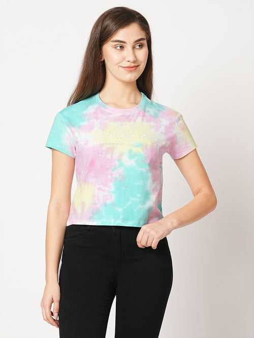 Women Slim Fit Multi Tie-Dye Crop Chest Print T-Shirt