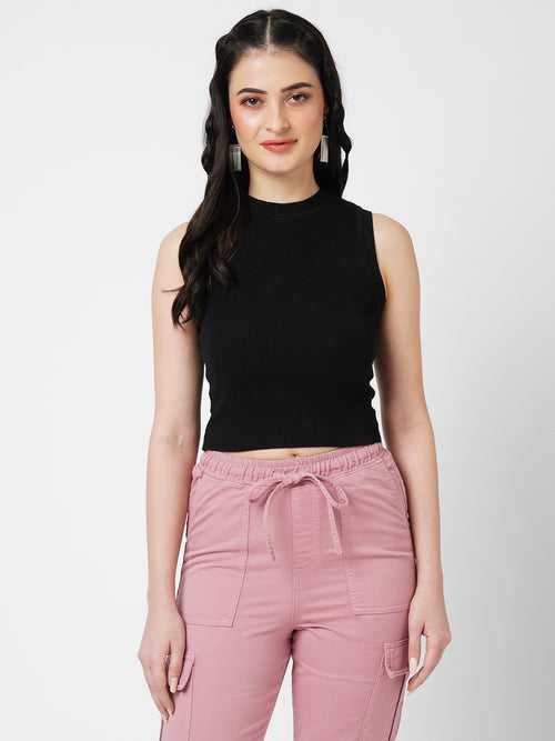 Women Black Solid Sleeveless Tops