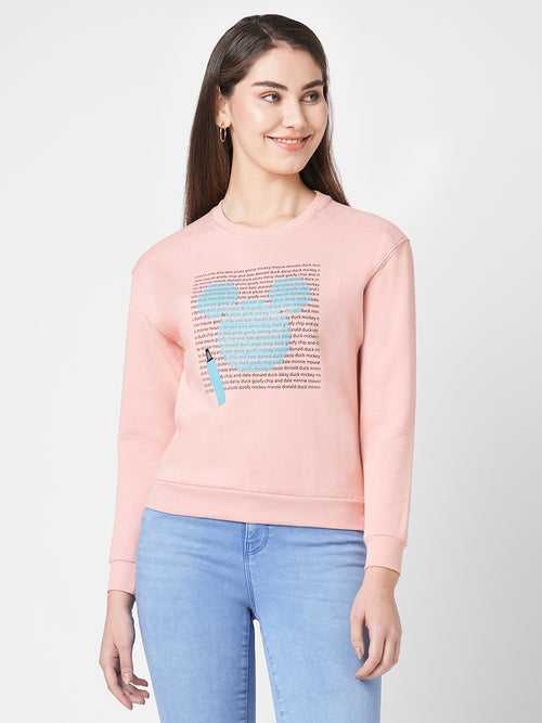 Women Slim Fit Blush Pink Printed Sweatshirt