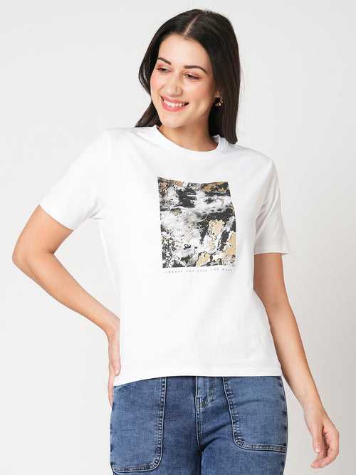 Women Slim Fit Off White Boxy Chest Print T-Shirt