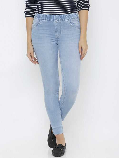 Women Light Blue Mid-Rise Push Up Super Skinny Jeans