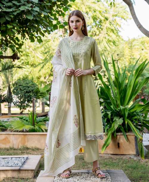 Beige Chanderi Hand Block Printed Dupatta