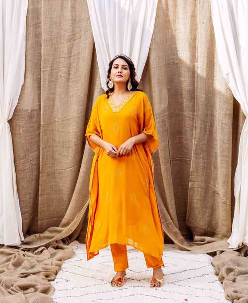 Yellow Embroidered Kaftan Set