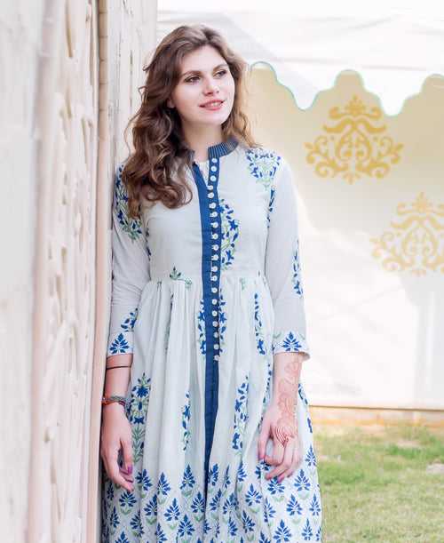 White and Blue Block Printed Indo Western Kurta