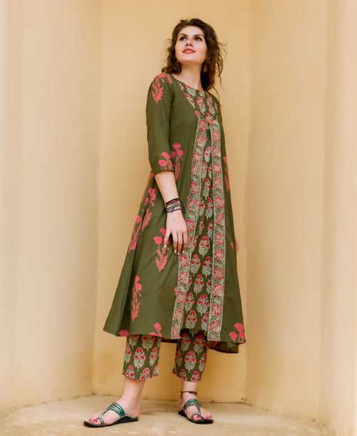 Olive and Red Kurta Set with Detachable Jacket