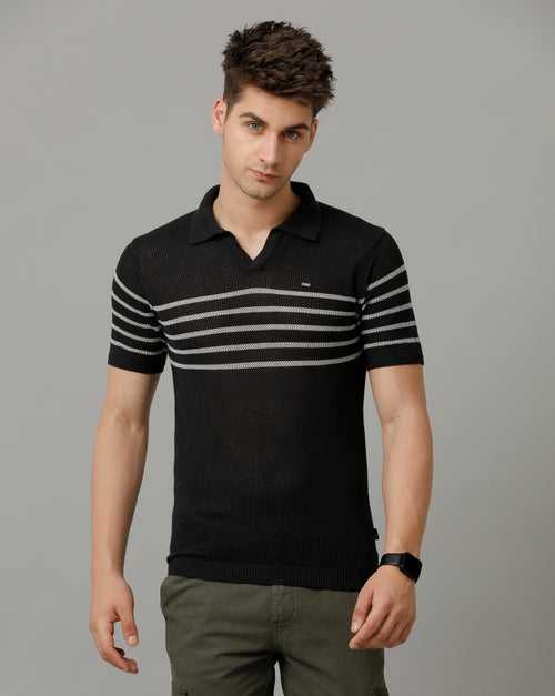 Identiti Charcoal Half Sleeve Striped Slim Fit Cotton Casual Polo T-Shirt For Men.