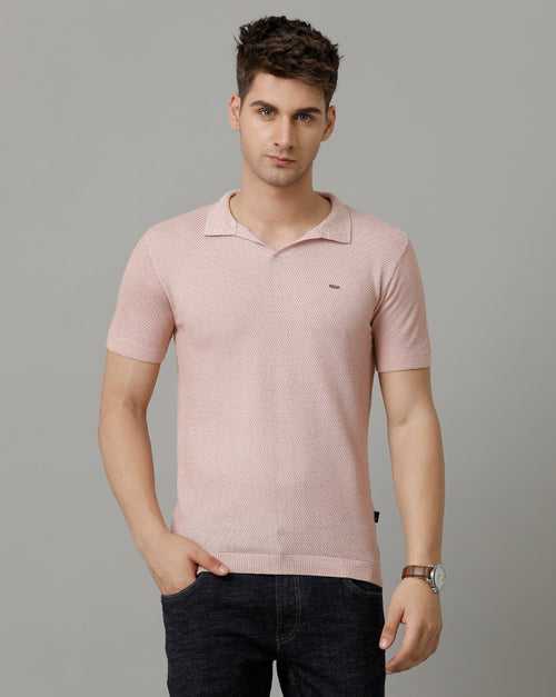 Identiti Pink Half Sleeve Solid Slim Fit Cotton Casual Polo T-Shirt For Men.