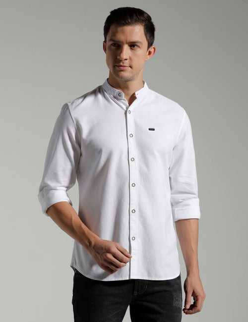 IDENTITI Men Slim Fit Mandarin Collar Solid Shirt In White