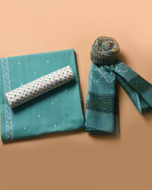 Turquoise Handloom Cotton Woven Unstitched Suit Fabric Set With Block Printed Kota Dupatta