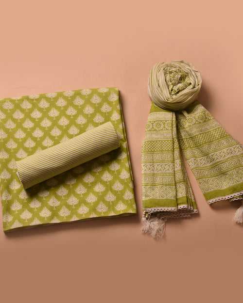 Lime Green Pure Cotton Hand Block Printed Unstitched Suit Fabric Set With Cotton Dupatta (Copy)