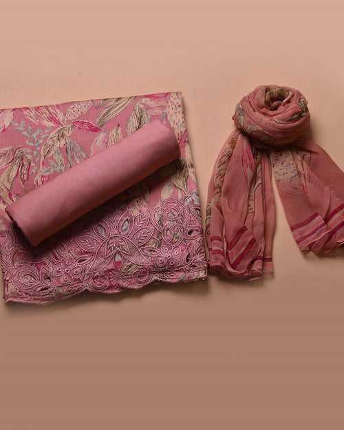 Pink Cotton Glazed Printed With Embroidery Unstitched Suit Fabric Set With Chiffon Dupatta