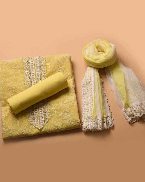 Yellow Kota Embroidered Unstitched Suit Fabric Set With Kota Dupatta