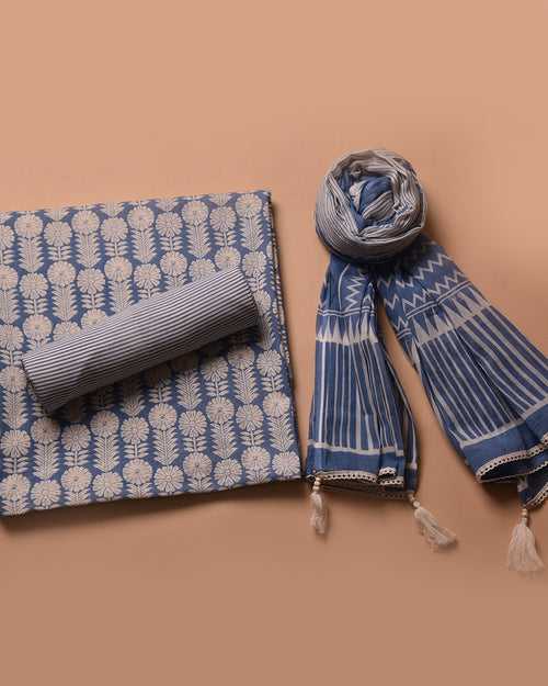 Blue Pure Cotton Hand Block Printed Unstitched Suit Fabric Set With Cotton Dupatta