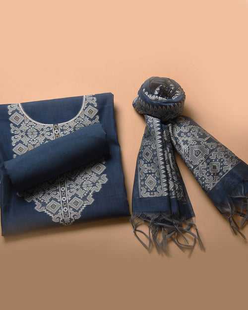 Blue With Off White Linen Blend Woven Unstitched Suit Fabric Set With Linen Blend Dupatta