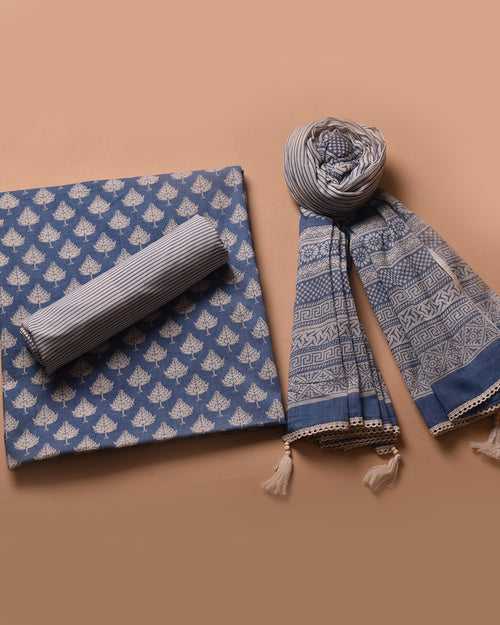 Blue Pure Cotton Hand Block Printed Unstitched Suit Fabric Set With Cotton Dupatta