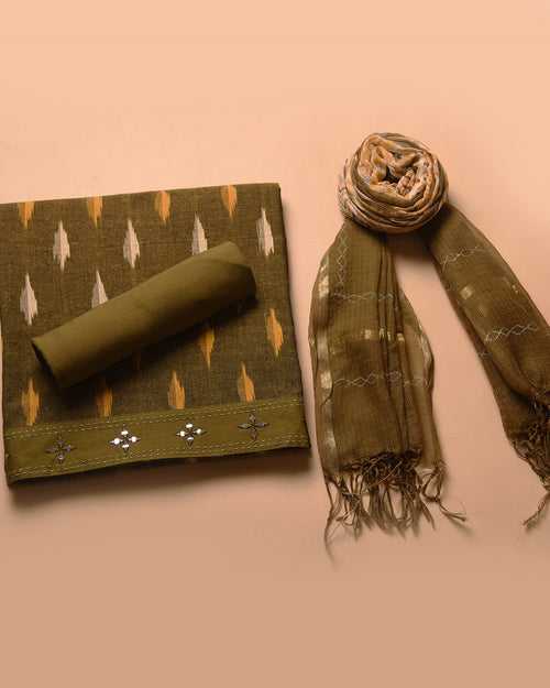 Greenish Brown Thick Cotton Ikat Woven Unstitched Suit Fabric Set With Kota Dupatta