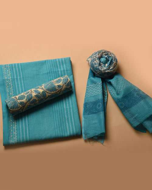 Light Blue Handloom Cotton Woven Unstitched Suit Fabric Set With Block Printed Kota Dupatta