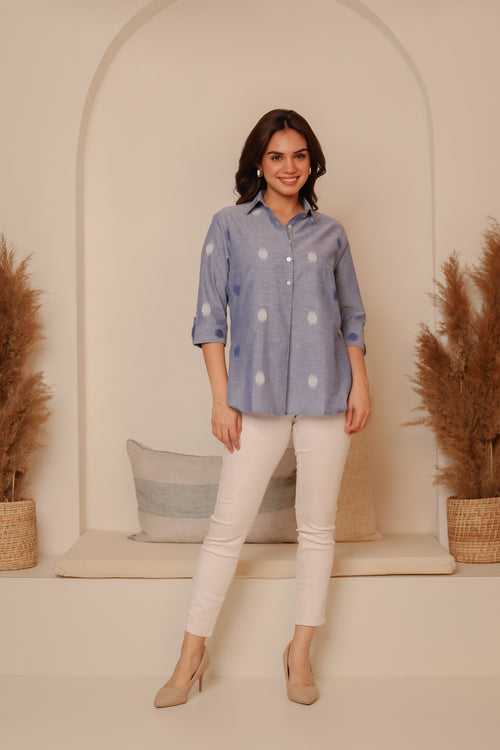 Light Blue Cotton Woven Ready To Wear Relaxed Fit Top