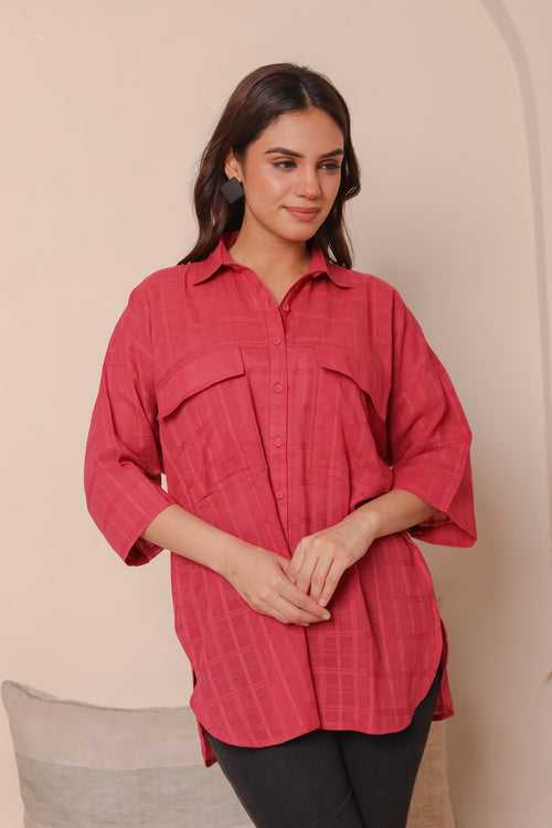 Deep Pink Pure Cotton Woven Ready-To-Wear Oversized Fit Shirt