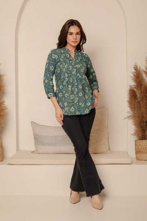 Green Pure Cotton Ready-To-Wear Hand Block Printed Shirt