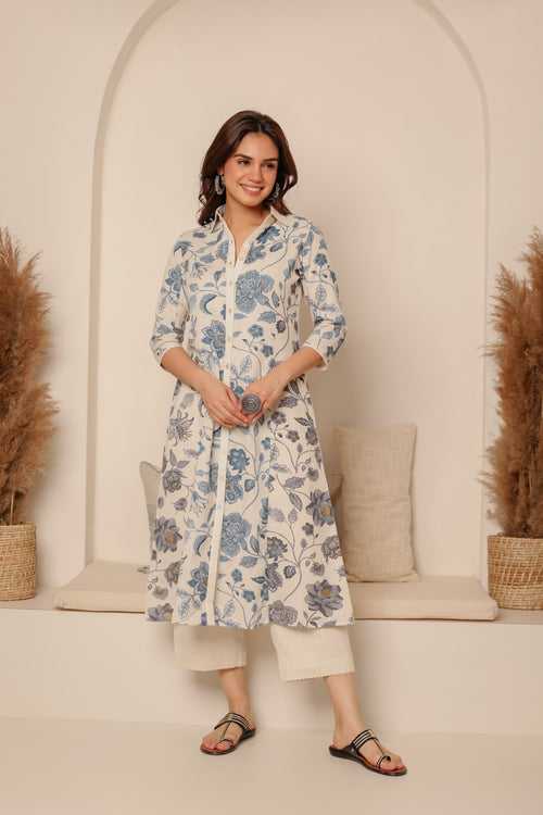 Cream With Blue Cotton Flex Ready-To-Wear A-Line Woven Kurta With Pant