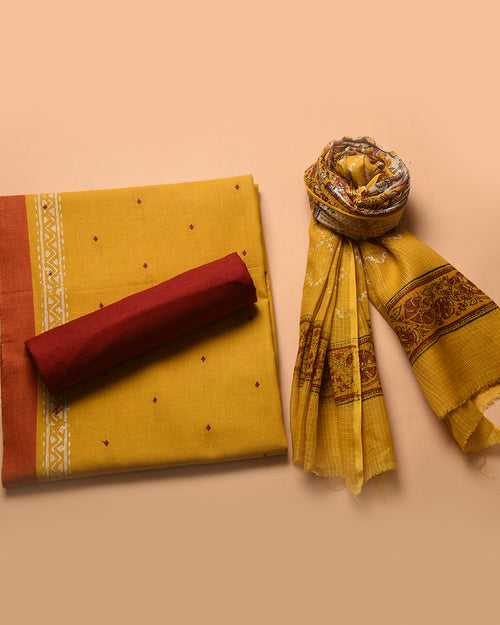 Mustard With Maroon Handloom Cotton Woven Unstitched Suit Fabric Set With Block Printed Kota Dupatta