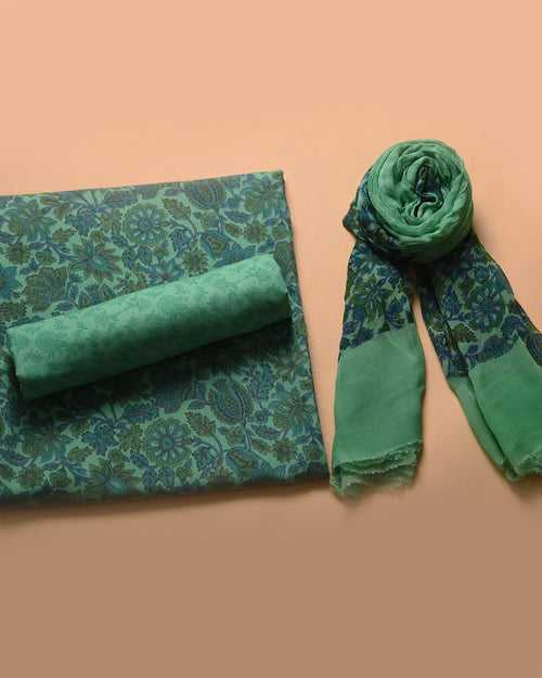 Green With Blue Lizy Bizy Printed Unstitched Suit Fabric Set With Chiffon Dupatta