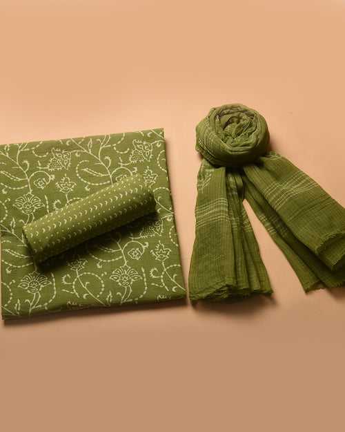 Green Pure Cotton Hand Block Printed Unstitched Suit Fabric Set With Kota Doriya Dupatta