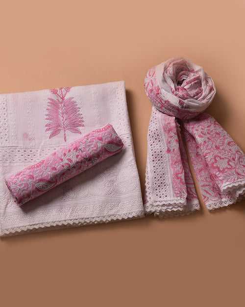 White With Pink Kota Hand Block Printed With Embroidery Unstitched Suit Fabric Set With Cotton Dupatta