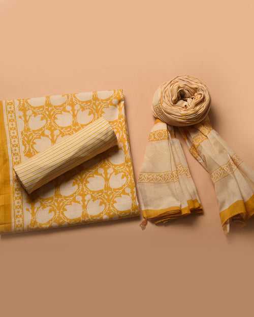 Yellow Pure Cotton Hand Block Printed Unstitched Suit Fabric Set With Cotton Dupatta
