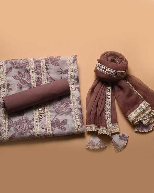 Egg White WIth Pink Linen Blend Printed Unstitched Suit Fabric Set With Chiffon Dupatta