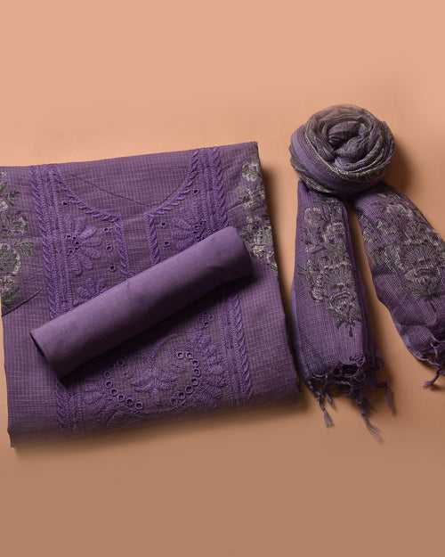 Light Purple Kota Doriya Embroidered Unstitched Suit Fabric With Kota Embroidered Dupatta