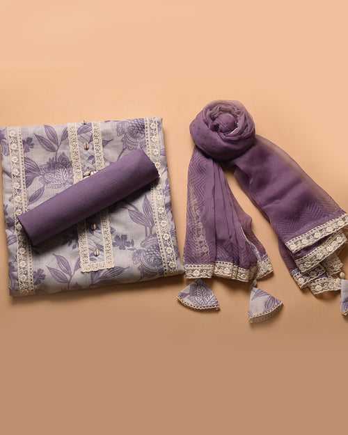 Egg White WIth Purple Linen Blend Printed Unstitched Suit Fabric Set With Chiffon Dupatta