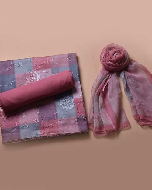 Pink With Grey Cotton Glazed Printed With Embroidery Unstitched Suit Fabric Set With Chiffon Dupatta