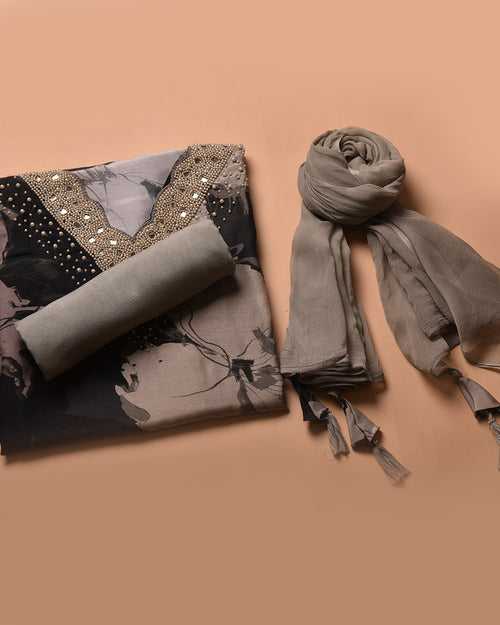 Shades of Grey Muslin Blend Printed With Embroidery Unstitched Suit Fabric Set With Chiffon Dupatta
