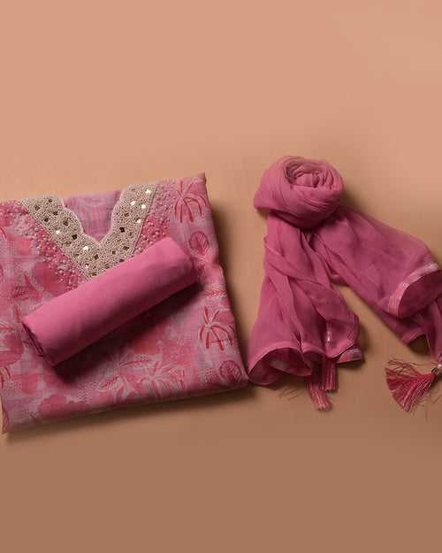 Pink Cotton Linen Printed With Embroidery Unstitched Suit Fabric Set With Chiffon Dupatta