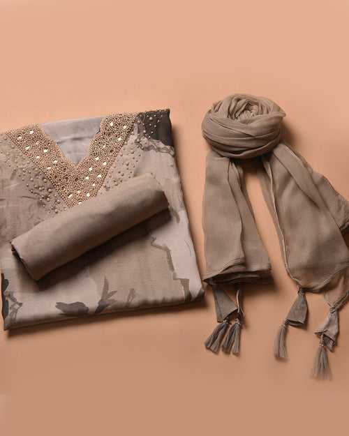 Shades of Beige Muslin Blend Printed With Embroidery Unstitched Suit Fabric Set With Chiffon Dupatta